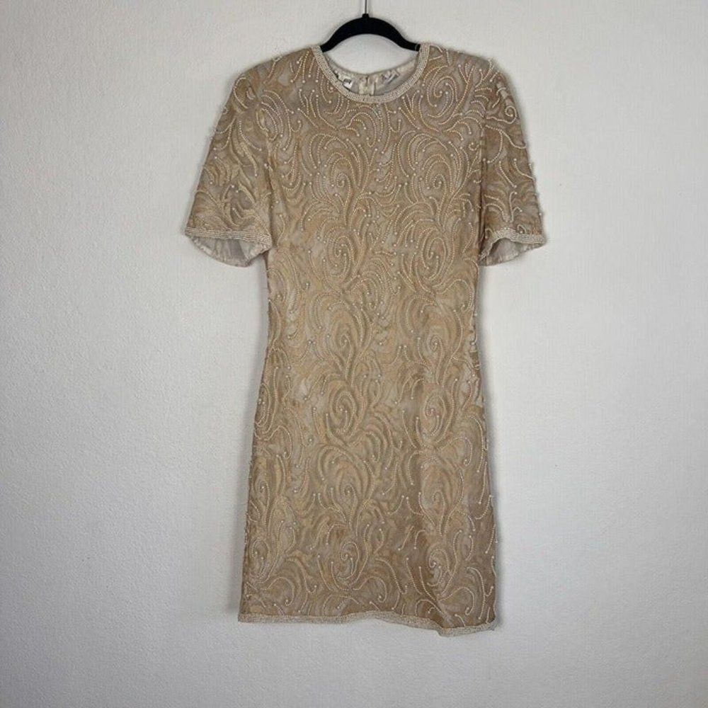 Scala Vintage 70 Formal Evening Off White Cream Pearl Beaded Midi Sheath Dress L